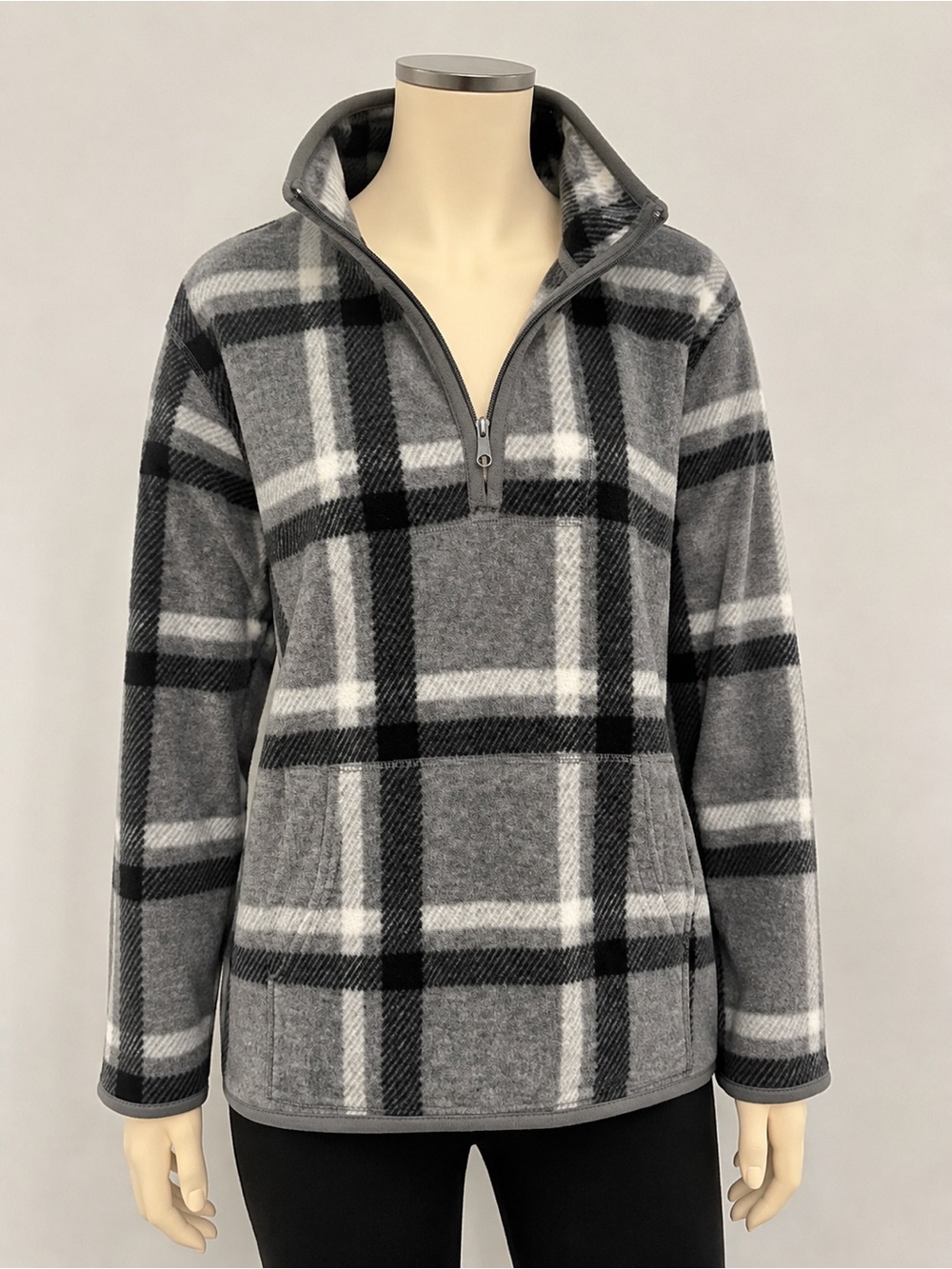 Style & Co. Gray and Black Plaid Half-Zip Pullover